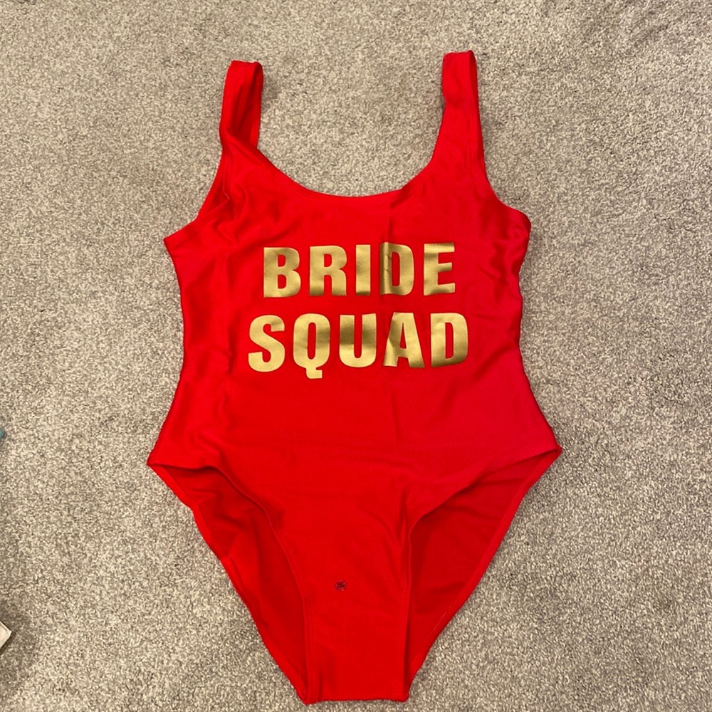 BRIDE SQUAD Red One Piece Bathing Suit